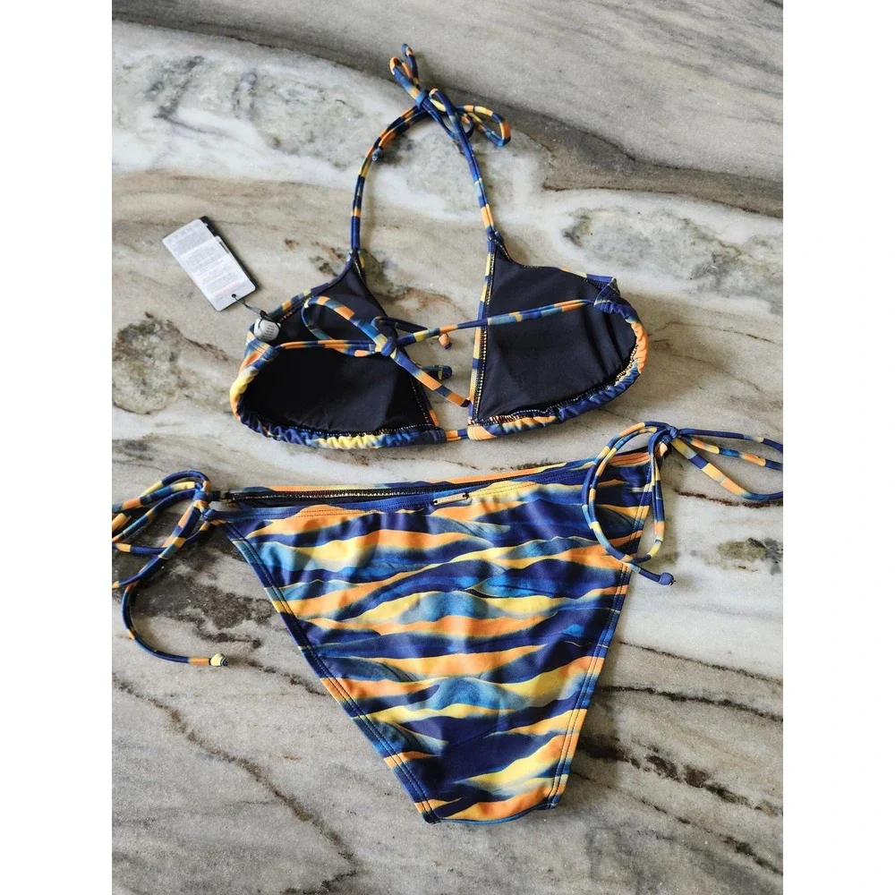 NWT RELLECIGA Womens Blue Orange Abstract Color Block Triangle Bikini Set Size M